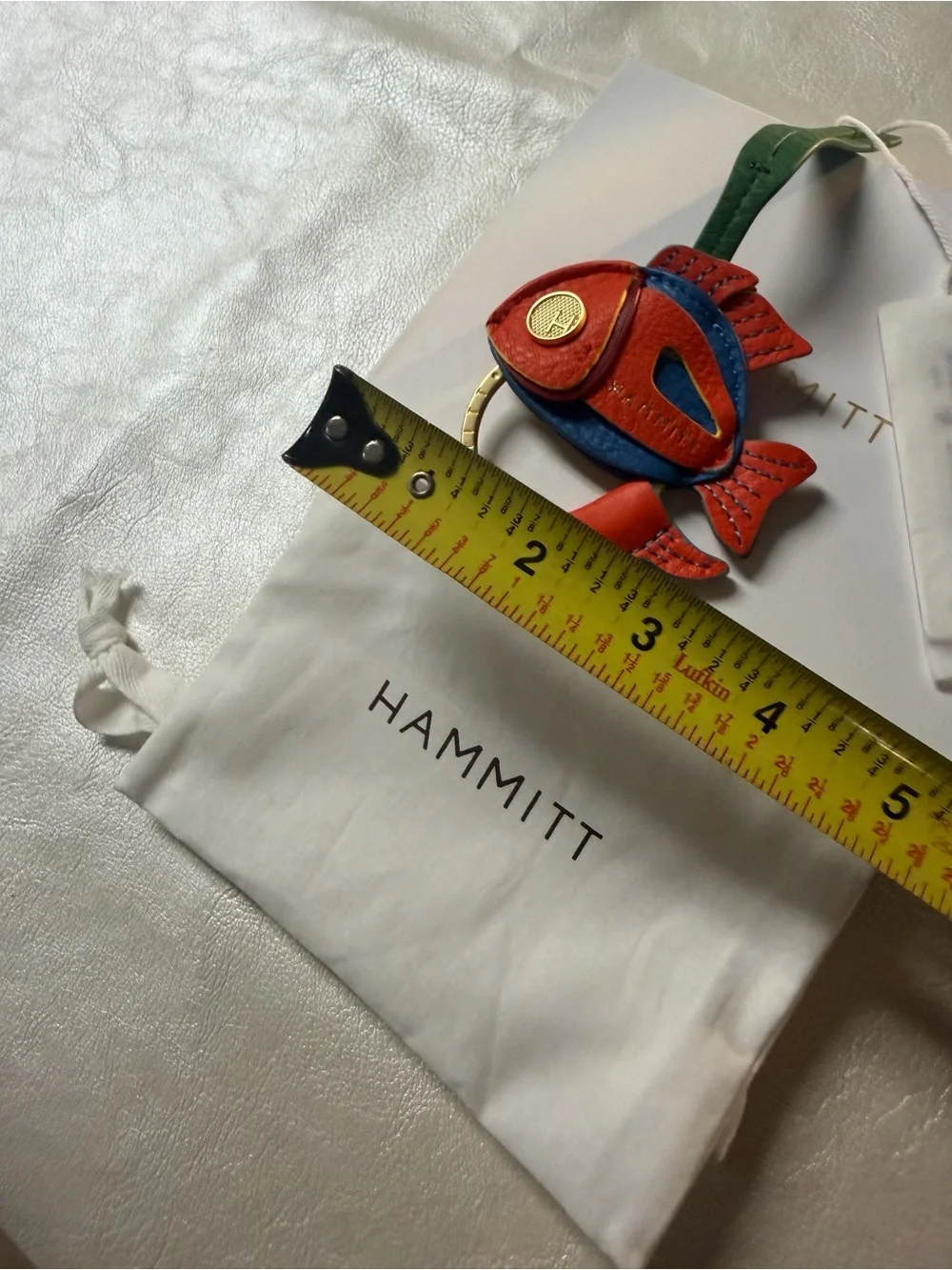 Hammitt Red-Orange & Blue Leather Fish Keyring with Green Strap
